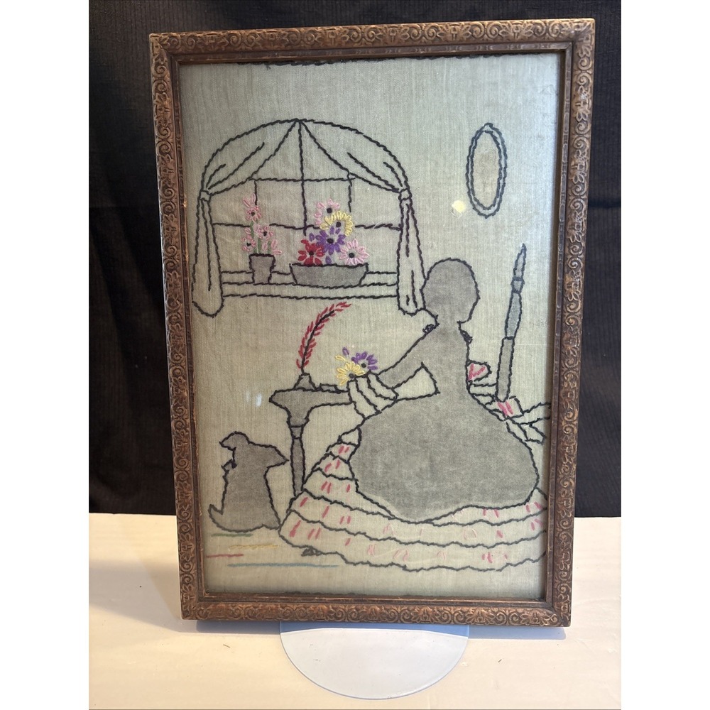 Antique American Folk Art Embroidery Woman Animal Flowers Americana Needlepoint